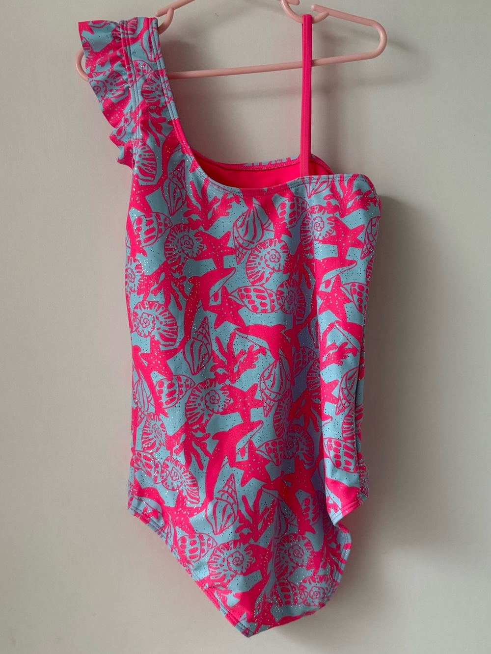 Kensie Girl Pink & Aqua One-Shoulder Seashell Print Swimsuit